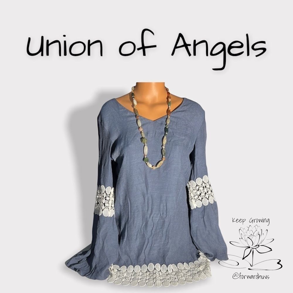 Union of Angels Blue Boho Dress / Long Top with White Trim Size Small